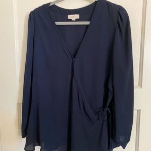 LOFT Navy Long Sleeve Wrap Top in XL